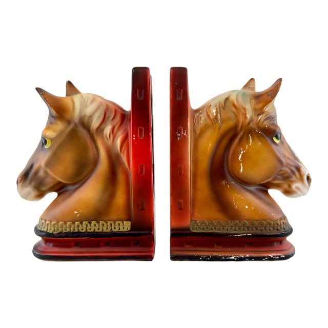 Vintage 1940's Japanese Ceramic Equestrian Horse Head Bookends, a Pair For Sale