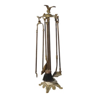 Vintage Brass Fireplace Tools With Eagle Motif and Marble Base ~ French Country For Sale