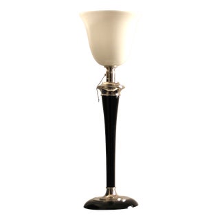 French Art Deco Table Lamp in Black Wood and Nickeled Metal from Mazda, 1920s For Sale