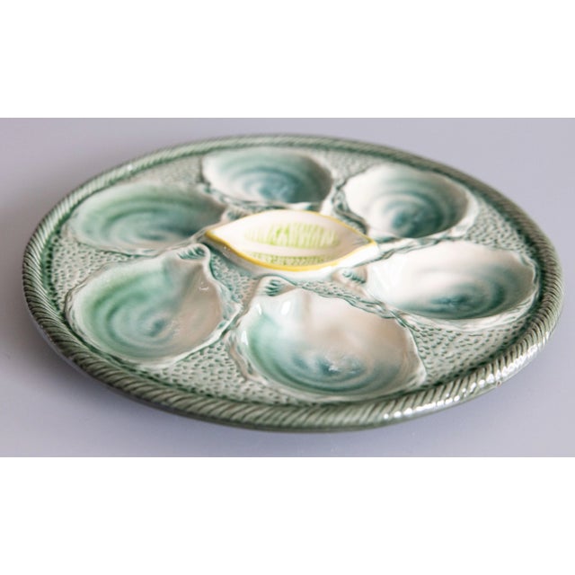 French Antique French Saint Clément Majolica Blue Green & Yellow Lemon Wedge Oyster Plate For Sale - Image 3 of 7