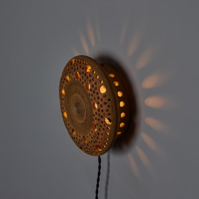 Early 1970s Per Bovin Hand Thrown Perforated Earthenware Plug-in Wall Lamp&nbsp; Handmade by Danish ceramic artist Per...