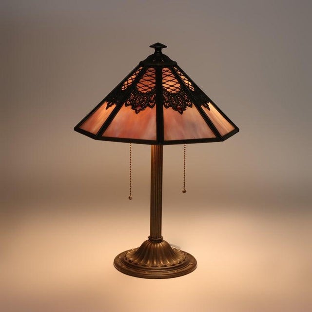 Arts & Crafts Antique Bradley & Hubbard School Arts & Crafts 8 Panel Slag Glass Lamp C1920 For Sale - Image 3 of 18