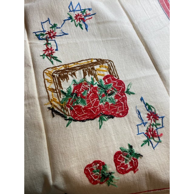 White Vintage 1950s Linen Tea Towels: Embroidered Fruit Baskets, Red Trim - a Pair For Sale - Image 8 of 9