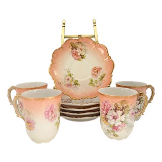 1900s Klingenberg & Dwenger Limoges Hand-Painted Chocolate Cups & Saucers - 9 pcs For Sale