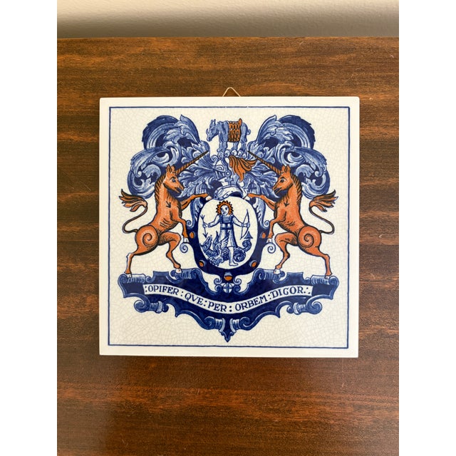 Delft Dutch Delft Blue and White Porcelain Tiles With Heraldic Coat of Arm, Set of 9 For Sale - Image 4 of 15