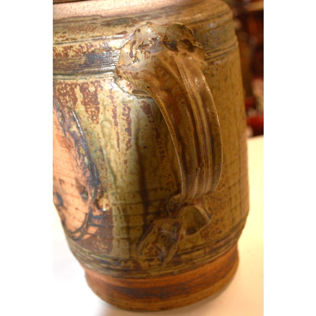 1990s Studio Art Pottery Large Brown/Tan Cannister Container With Carved Face / Handles & Lid For Sale - Image 5 of 14
