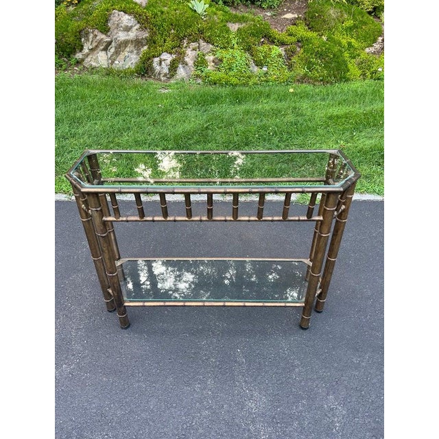 John and Elinor McGuire Faux Bamboo Bronze Metal and Glass Sofa Table For Sale - Image 4 of 18