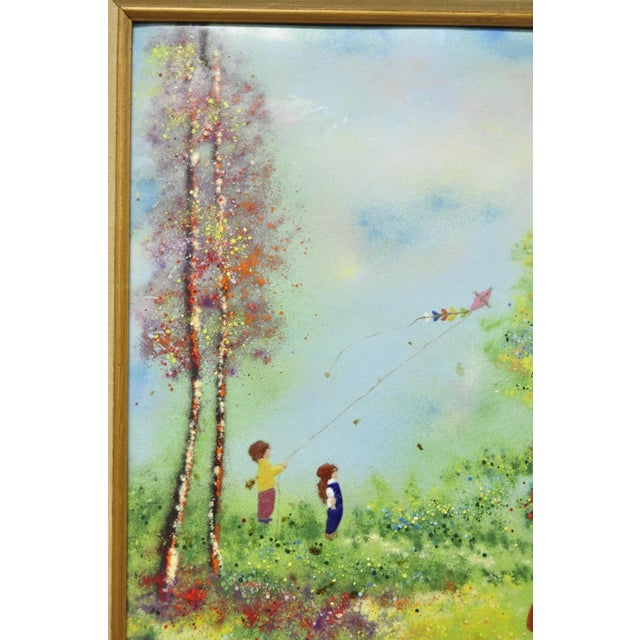 Vintage Louis Cardin Enamel on Copper Painting Framed "Woman With Boys & Kite" For Sale In Philadelphia - Image 6 of 16