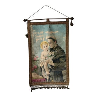 19th Century Italian Religious Banner Jesus & Saint Anthony Tassels For Sale