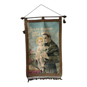 19th Century Italian Religious Banner Jesus & Saint Anthony Tassels