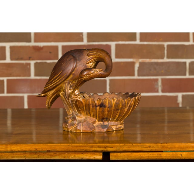 Mid 20th Century Italian Midcentury Carved Wooden Bowl with Crane and Leaf Motifs For Sale - Image 5 of 12