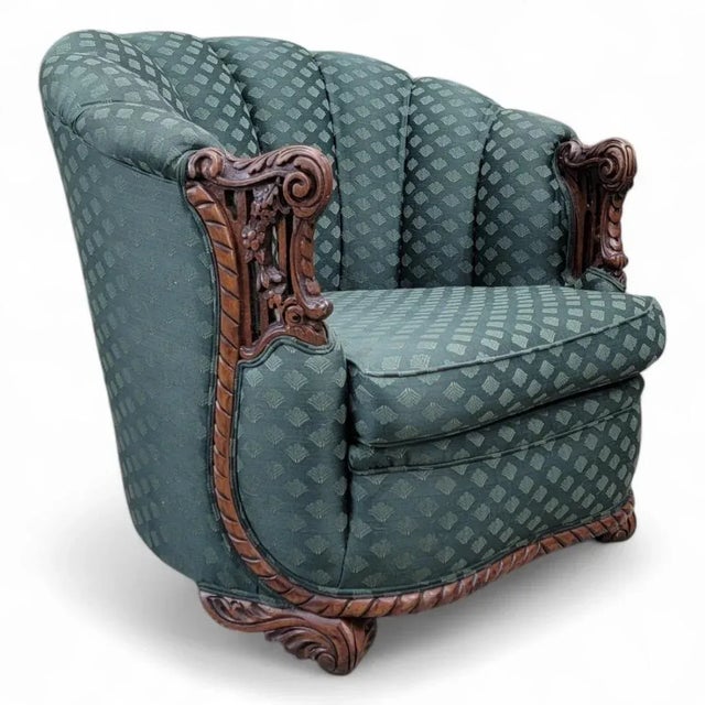 Wood Art Deco Carved Ornate Channel Back Curved Sofa, Lounge Chair and Ottoman for Reupholstery - Set of 3 For Sale - Image 7 of 12