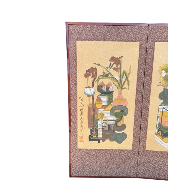 Vintage Authentic Korean Chaekgeori Munbangdo Four Panel Scholar Screen For Sale - Image 4 of 12