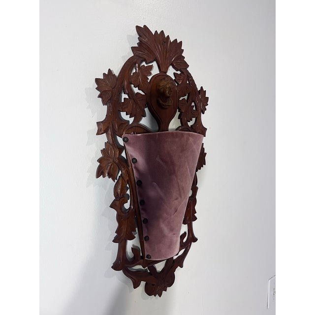 1920s Antique Black Forest Carved Walnut Wall Pocket With Female Portrait For Sale - Image 5 of 9