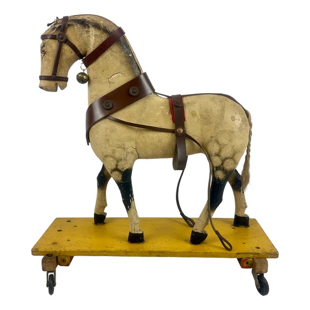 Carved Wooden Hand-Painted Horse on Wheels, 1900s For Sale