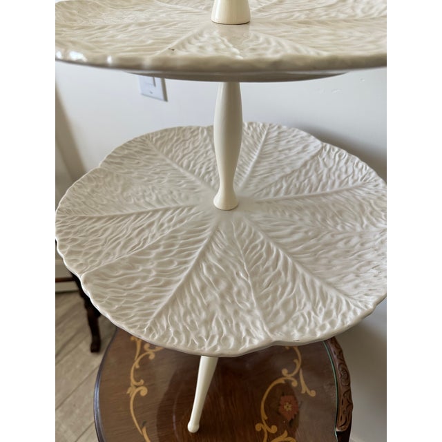 Elegant Vintage White Two Tier Ceramic Serving Stand For Sale In Phoenix - Image 6 of 10