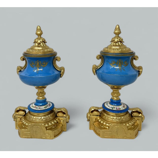 Late 19th Century Antique Pair Celeste Blue French Sèvres Porcelain Ormolu Urns Vases Centerpiece For Sale - Image 5 of 7