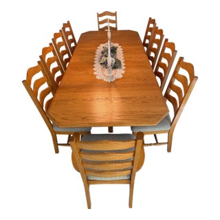 1990s Cherrico Solid Oak Expandable Dining Set With 10 Chairs For Sale