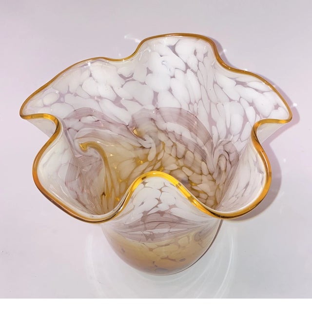 Mid-Century Modern Vintage Murano Style Hand Blown Art Glass Swirl Pattern Ruffled Edge Vase For Sale - Image 3 of 5