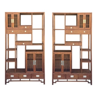 Pair Asian Inspired Asymmetrical Light Brown Shelving Display Cabinet Divider For Sale
