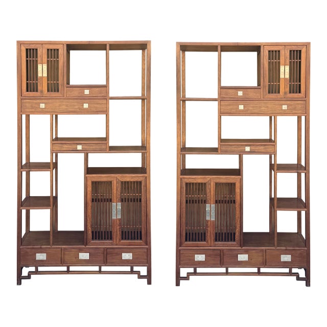 Pair Asian Inspired Asymmetrical Light Brown Shelving Display Cabinet Divider For Sale