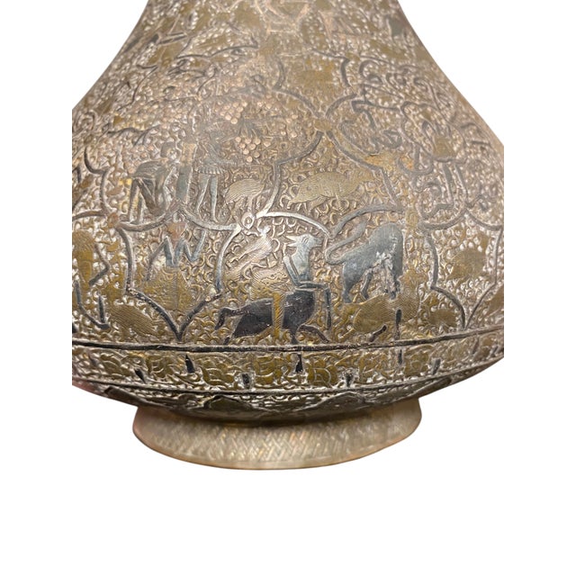 Extraordinary 19th Century Qajar Persian Brass Vase Islamic Arabesque Antique Engraved Figures Animals 13.5" For Sale - Image 9 of 15