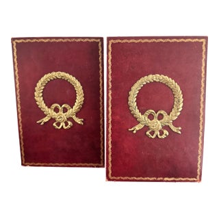 20th Century Red Leather Brass Laurel Wreath Bookemds a Pair For Sale