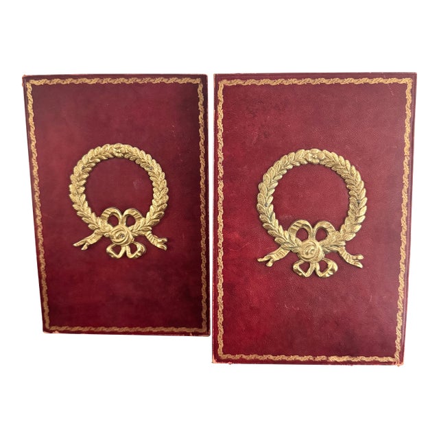 20th Century Red Leather Brass Laurel Wreath Bookemds a Pair For Sale