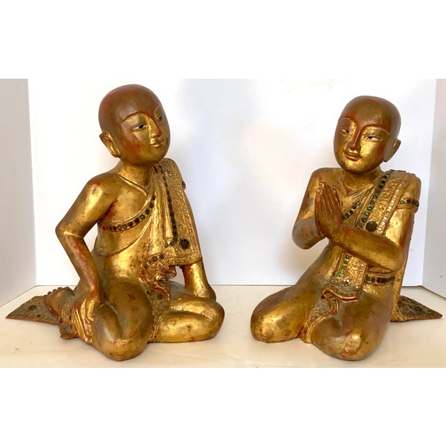Thai Giltwood Hand Carved Pair of Mandalay Praying and Listening Monks For Sale - Image 12 of 12
