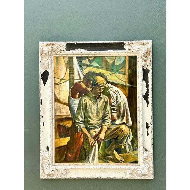 Vintage Canvas Painting of Men at Work For Sale In West Palm - Image 6 of 12