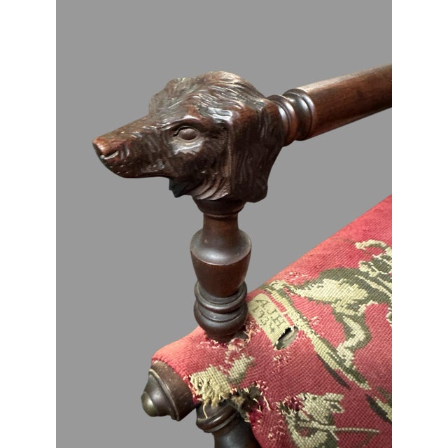 Antique Victorian Hunzinger Style Folding Chair Dog Heads Circus Needlepoint For Sale - Image 4 of 12