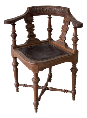 Antique Carved Corner Chair with Leather Seat