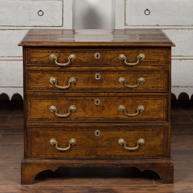 Brown English 1800s George III Burl Wood Four-Drawer Commode with Feather Banding For Sale - Image 8 of 12