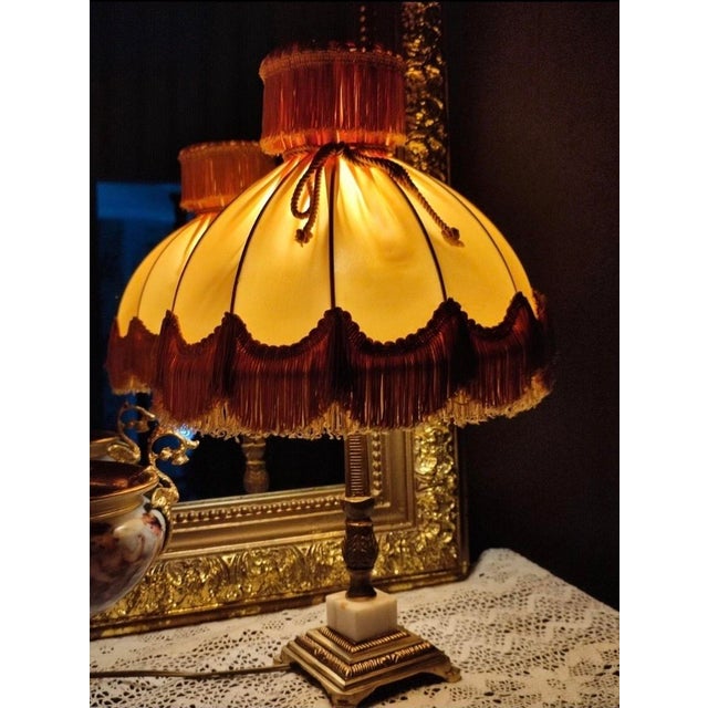 Metal Louis XVI Style Table Lamps in Brass with Fringed Shades, 1970s, Set of 2 For Sale - Image 7 of 12