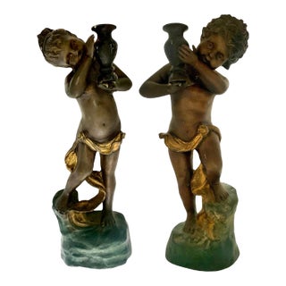 Pair of Vintage Cherub With Jag Figurine Metal Candle Holders For Sale