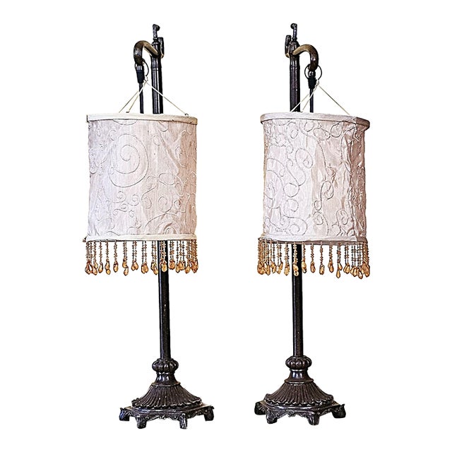 Vintage Bridge Arm Table Lamps With Beaded Shades - Pair For Sale