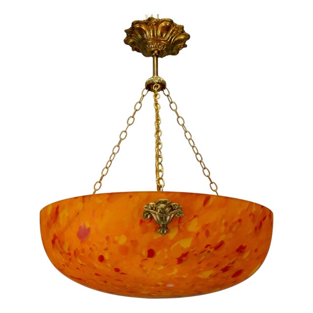 French Art Deco Mottled Orange Glass & Brass Pendant Light, 1930s For Sale
