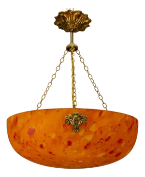 French Art Deco Mottled Orange Glass & Brass Pendant Light, 1930s