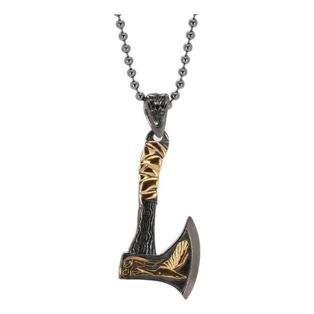 Viking Warrior Axe Men Sterling Silver & Gold Pendant Chain Necklace For Sale