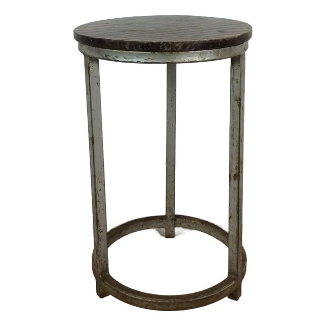 Mid Century Industrial Style Footstool With Wood Top For Sale