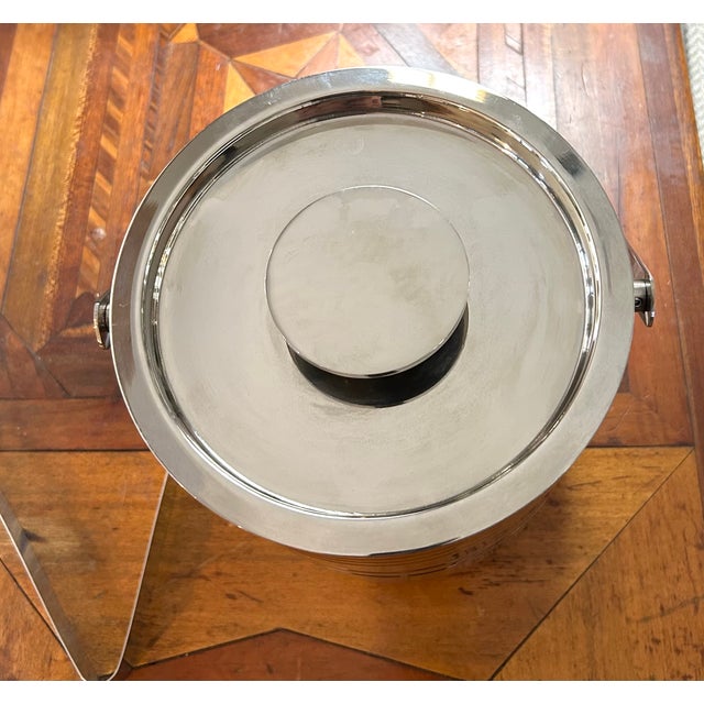 Art Deco Vintage Stainless Steel Ice Bucket With Tongs For Sale - Image 3 of 7