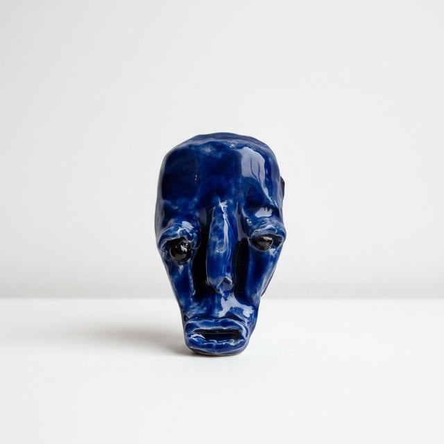 Vintage Glazed Blue Ceramic Mask Wall Sculpture with Glass Eyes, 1980s For Sale - Image 4 of 4