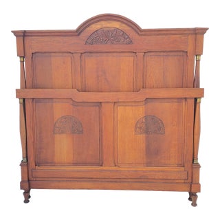 Antique 1920s Solid Oak French Art Deco Bed Frame With Floral Carving & Columns For Sale