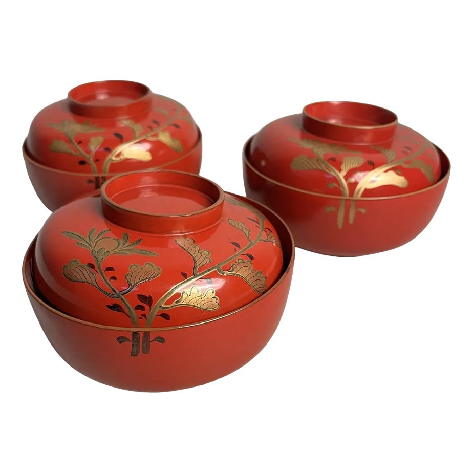 20th Century Taishō Urushi Maki-E Rice and Soup Bowls, Japan, Set of 3 ...