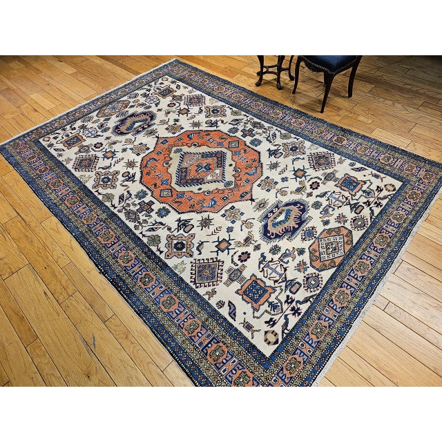 Textile Vintage Persian Ardabil Rug, Hand-Knotted Wool, Geometric Pattern, Ivory & Brick, 8x11 For Sale - Image 7 of 16