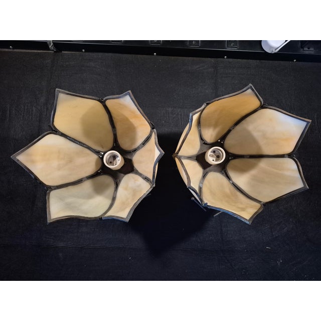 Art Nouveau Mid 20th Century Art-Nouveau 5-Panel Tulip Slag Stained Glass Lamp Shade Ceiling Light Fixtures - a Pair For Sale - Image 3 of 7