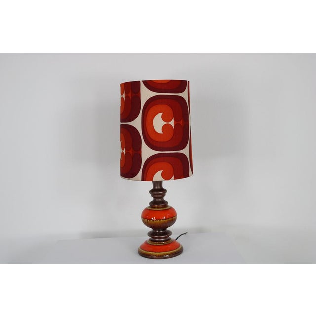 Textile German Ceramic Table Lamp in Warm Orange and Brown Tones with Spacey Fabric Shade, 1970s For Sale - Image 7 of 11