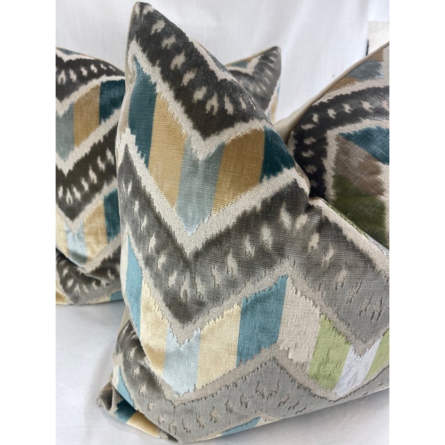Custom pair of 22" pillows covered in Brunschwig & Fils "Rene Velvet" in aqua/celadon and backed in a coordinating velvet....