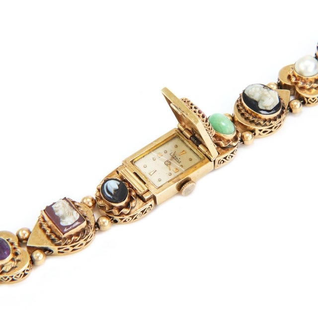 Slide Charms Bracelet Vintage 14k Gold Cameo Gems Hidden Watch For Sale In Miami - Image 6 of 7