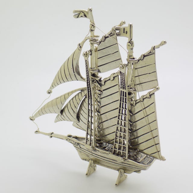 1970s Vintage Italian Handmade Genuine Silver Large Sailing Ship Detailed Figurine For Sale - Image 5 of 10